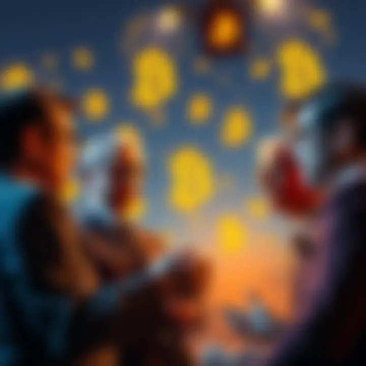 A group of bankers discussing legal action against federal regulators, with cryptocurrency symbols in the background