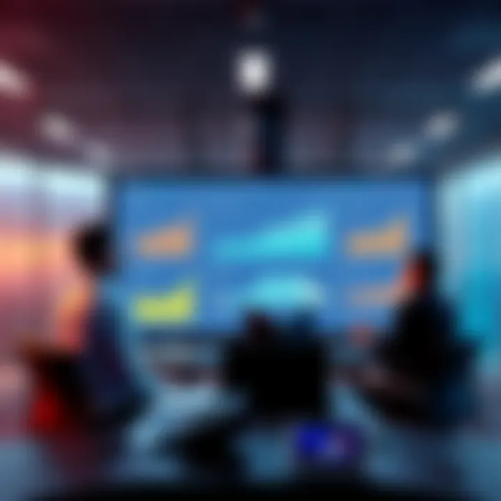 A modern bank office with professionals discussing blockchain technology on a screen showing graphs and secure transactions.
