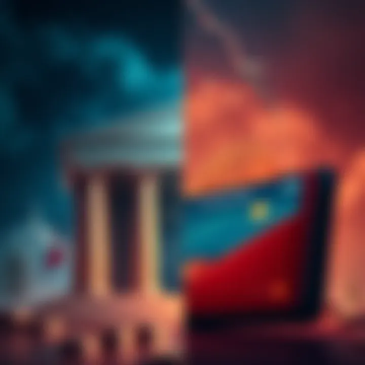 A traditional bank contrasted with a digital wallet displaying cryptocurrency yields, representing the clash between old and new financial systems.