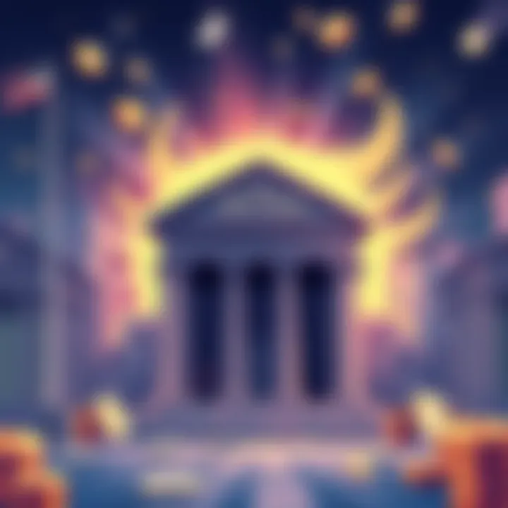 Illustration showing traditional banks concerned about stablecoins, depicting digital dollars and bank buildings.