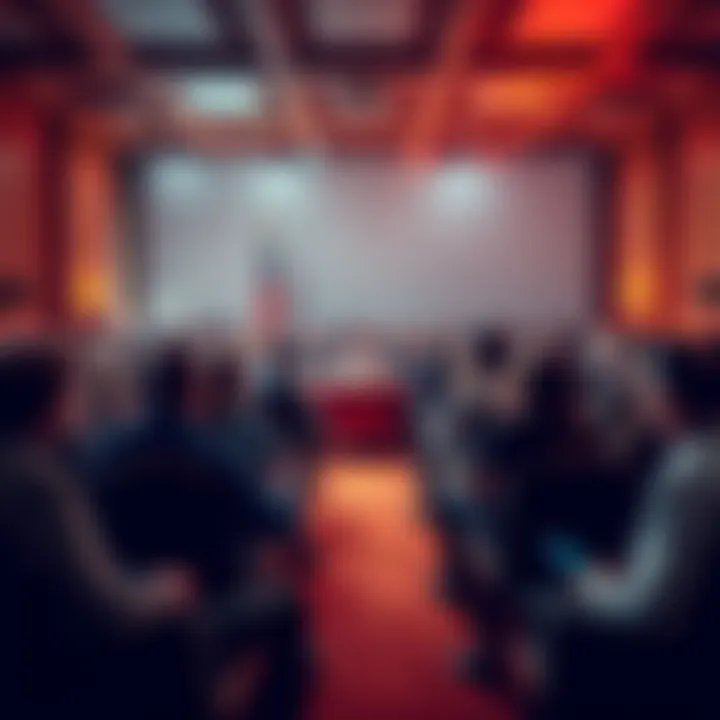 A group of people debating the consequences of banning scammers in a town hall setting