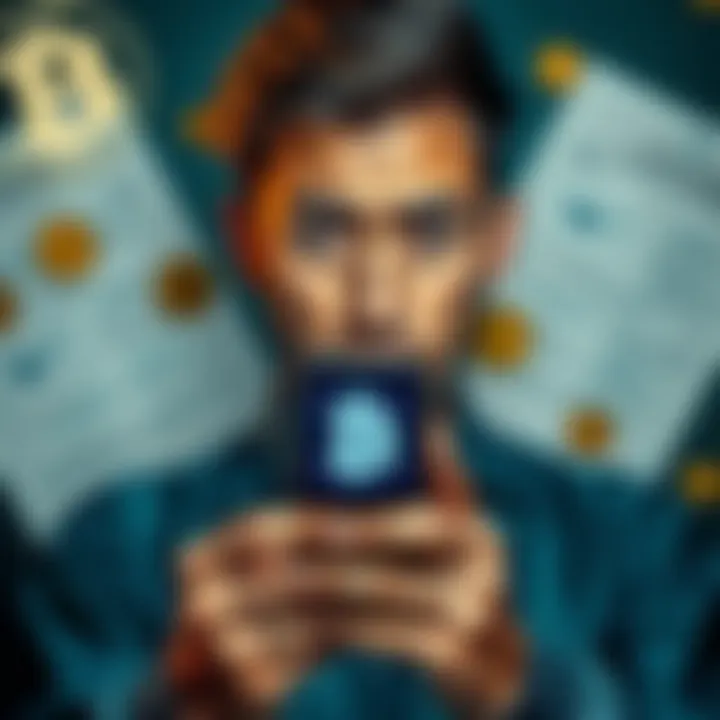 A person looking confused while holding a smartphone with a cryptocurrency logo, surrounded by regulatory documents and coins, symbolizing challenges to crypto use in daily life.