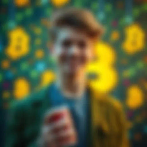Barron Trump, a young man in a stylish outfit, smiles while holding a can of his $39 energy drink against a backdrop of digital cryptocurrency symbols.