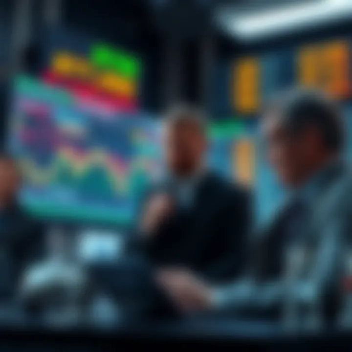 Market analysts discussing trends with charts showing a downward trend near $57,735.