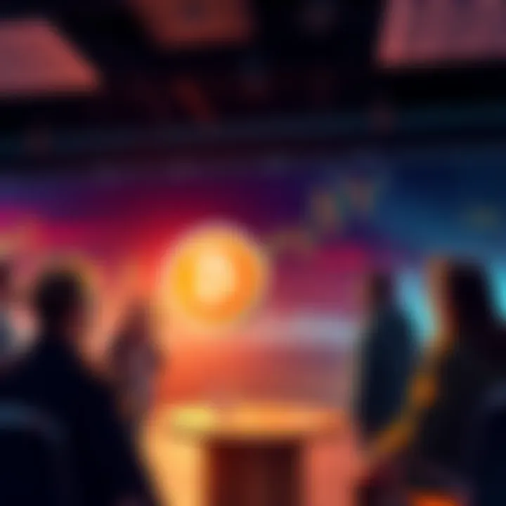 Group of people discussing market trends with charts indicating a drop in Buttcoin prices, targeting a range of $40-50K.