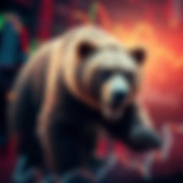 Bear Market Predictions A bear symbolizing financial market trends, looks fierce as it stands against a backdrop of falling stock charts, representing market predictions for fall 2026.