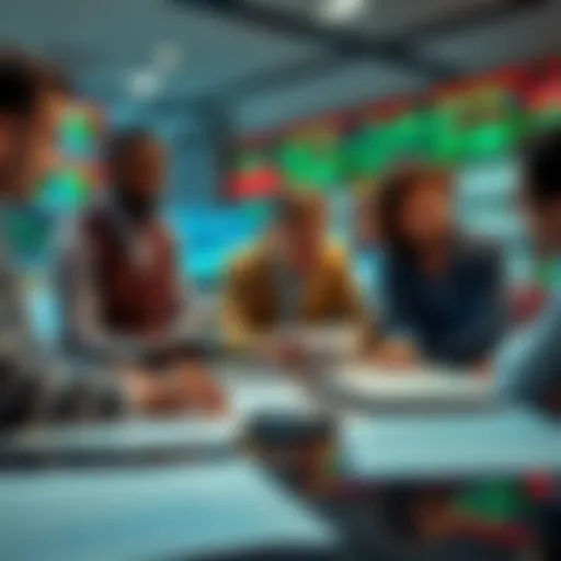 A group of experienced investors discussing market trends during a bear market with charts and graphs on the table.