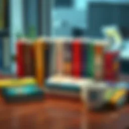 A collection of beginner-friendly books about decentralized finance displayed on a table with a laptop and coffee cup