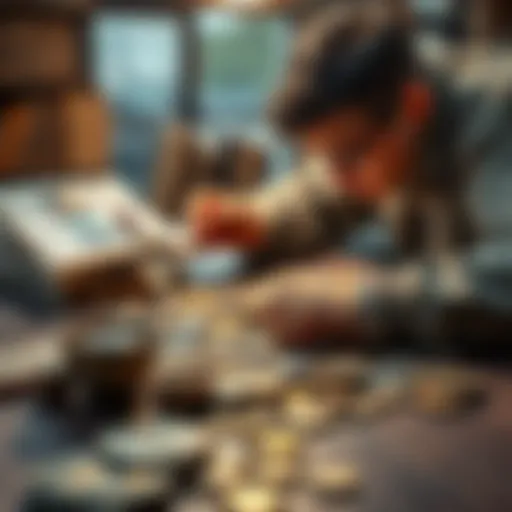 A person sorting through ancient LRB coins on a table with a magnifying glass and reference books nearby.