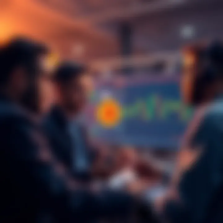 A group of novice traders looking at charts and discussing common mistakes in Bitcoin trading