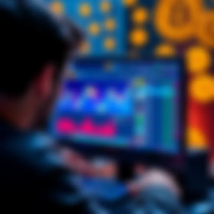 A person looking at a computer screen displaying a cryptocurrency exchange platform and a hardware wallet, with Bitcoin symbols in the background.