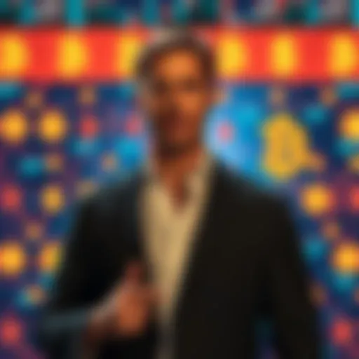 Ben McKenzie stands in front of a digital backdrop representing cryptocurrency symbols, expressing a serious tone about financial deception.