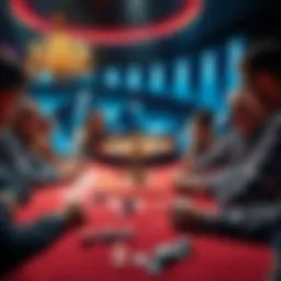 A group of people gathered around a table playing cards with chips and a roulette wheel in the background.