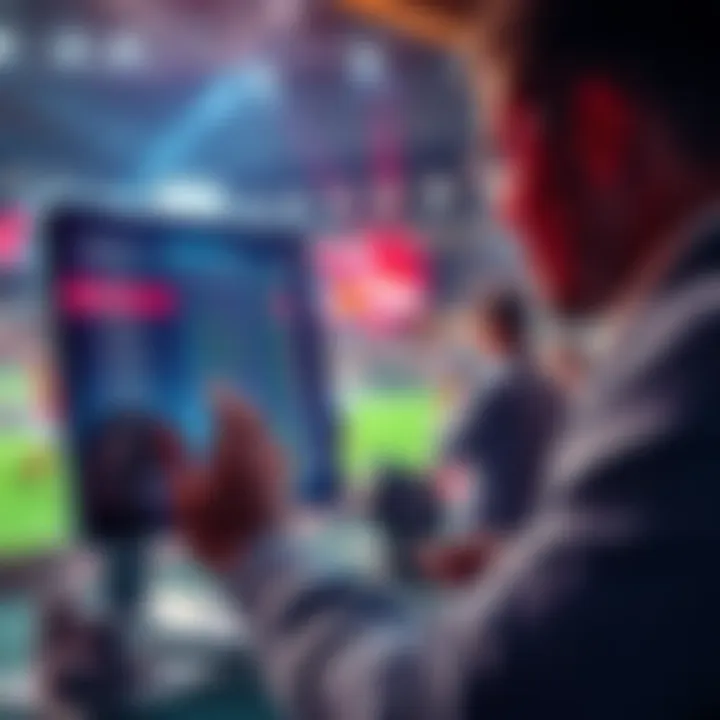 A person analyzing betting odds on a digital screen, with chips and a sports event in the background.