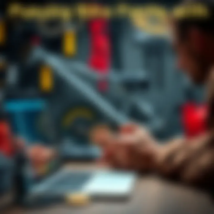 A person purchasing bike parts online using Bitcoin, with a laptop and bike tools visible in the background