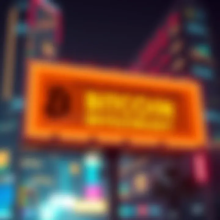 A bright billboard displaying a message encouraging people to invest in Bitcoin, with financial graphics in the background.
