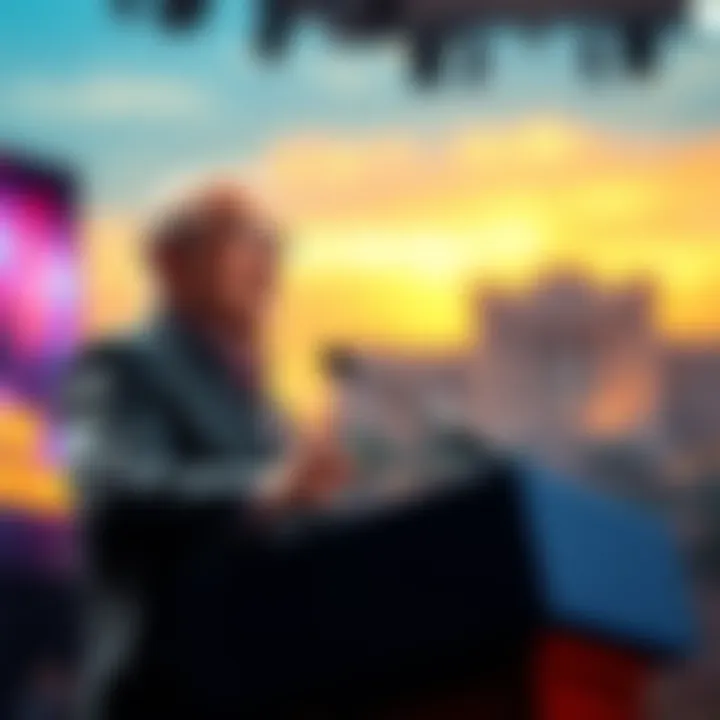 A billionaire speaking confidently at a podium, sharing insights on maintaining hope after financial loss.