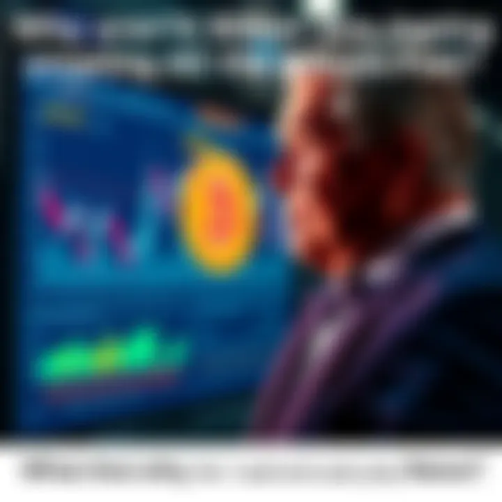 A billionaire in a suit looking at a digital screen displaying Bitcoin price trends and graphs, contemplating investment decisions.