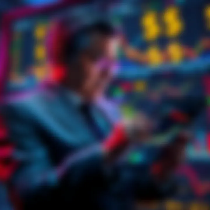 A wealthy individual analyzing stock graphs on a tablet, with currency symbols in the background, representing market manipulation.