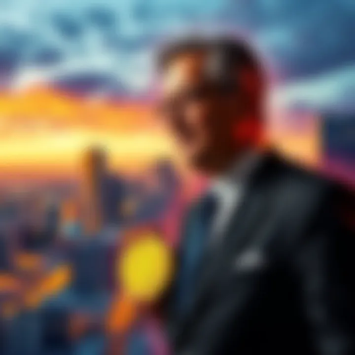Mexican billionaire Ricardo Salinas stands in front of a city skyline, promoting Bitcoin investment while encouraging homeowners to rent out properties.