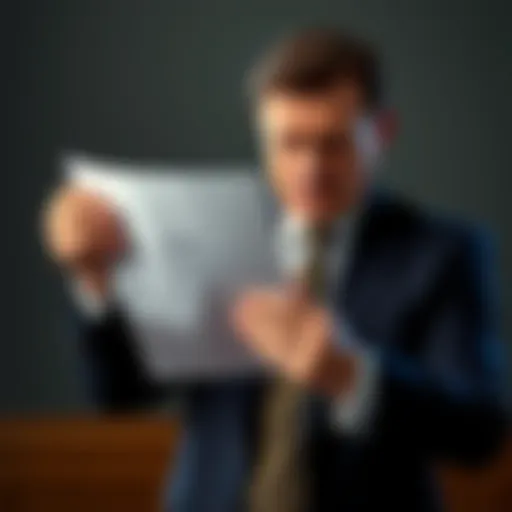A businessman in a suit holds legal documents with a distressed expression, symbolizing a lawsuit against a cryptocurrency venture.