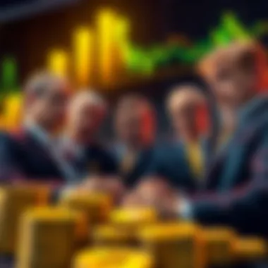 Group of wealthy individuals discussing cryptocurrency investments, with stacks of coins and digital charts in the background.