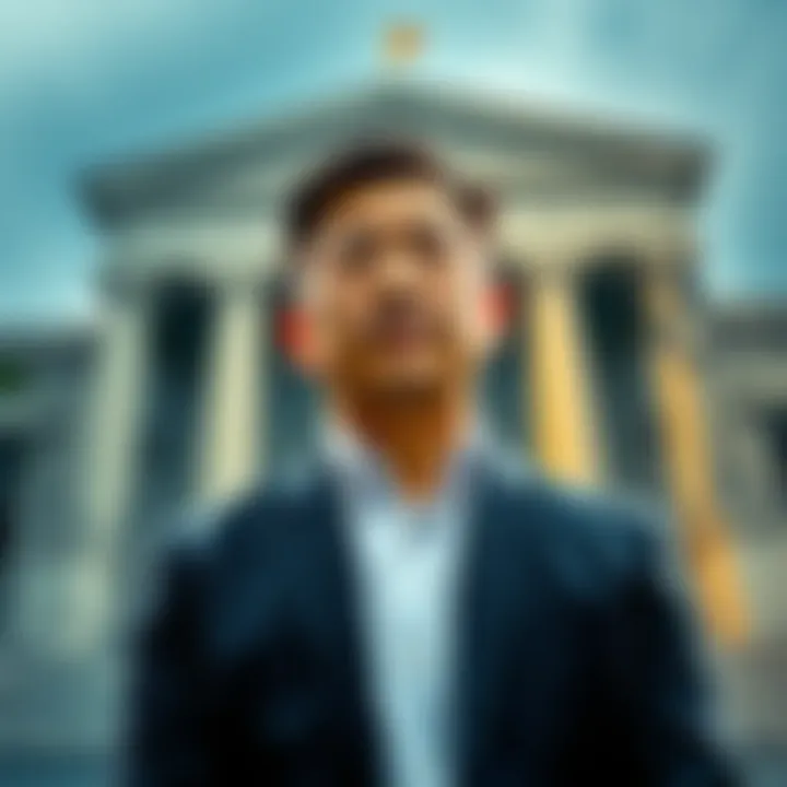 Binance CEO CZ stands in front of a courthouse with a concerned expression, representing the significant civil lawsuit against the cryptocurrency exchange.
