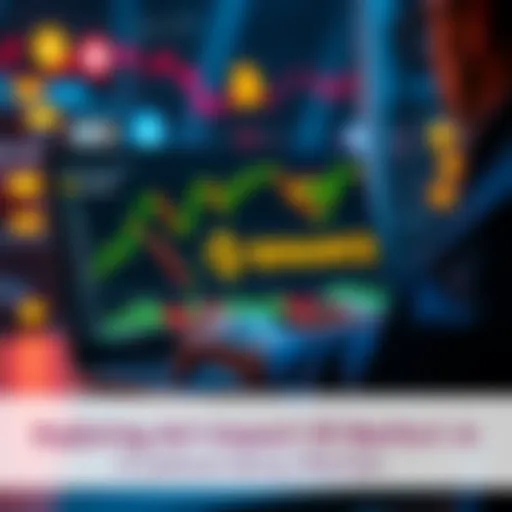 A person using a laptop to trade cryptocurrencies on the Binance platform, with charts and digital currency icons displayed