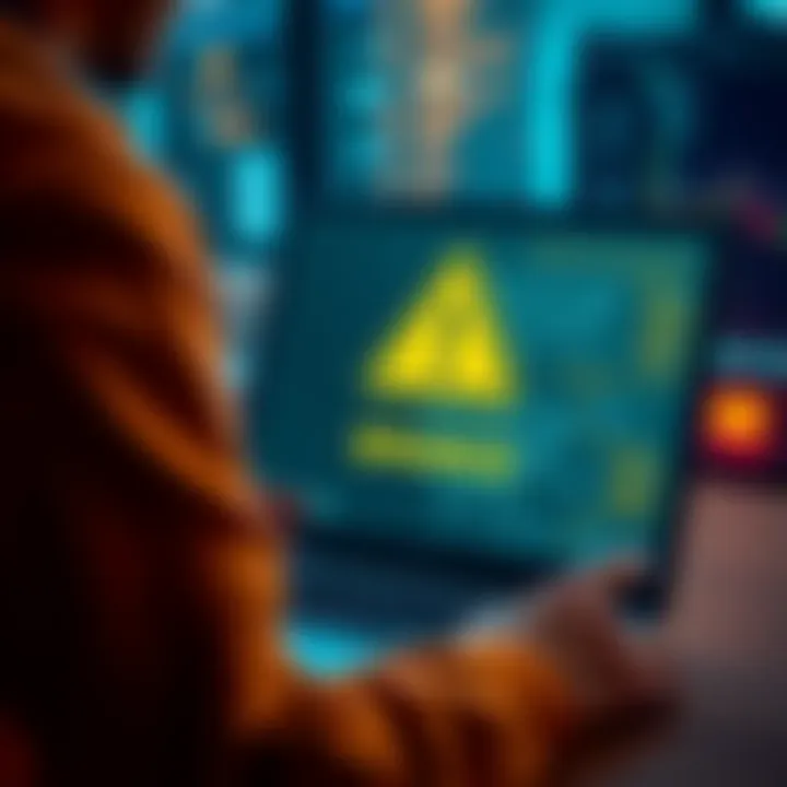 A person securing their Binance account on a laptop with a warning sign visible, representing the need for personal safety against crypto threats.