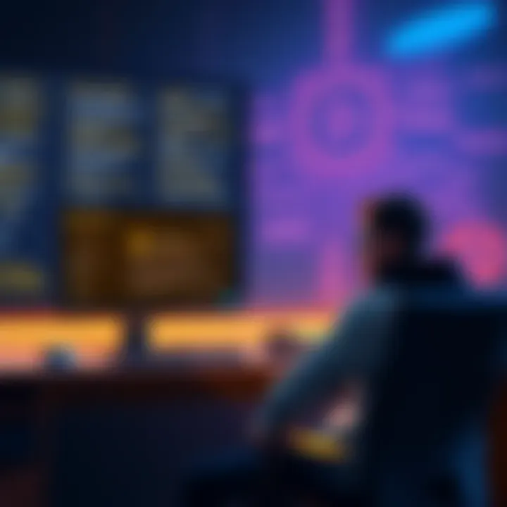 A person sitting at a computer with cryptocurrency terms displayed on the screen, engaging in the Binance Word of the Day Challenge.