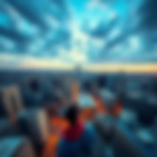 A vast cityscape from above, showing buildings and streets with people moving below, symbolizing gaining perspective in life.