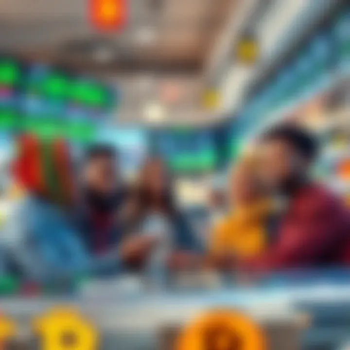 A group of diverse South African business owners discussing Bitcoin acceptance in their stores with digital displays of cryptocurrency prices in the background.