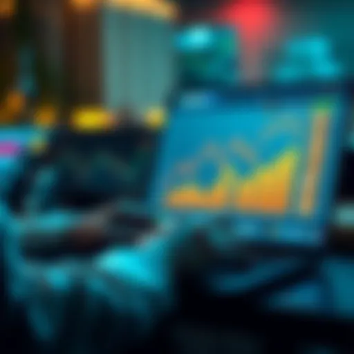 A person using a laptop to manage Bitcoin investments with a graph showing rising trends