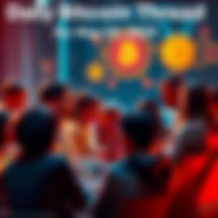 A group of people engaged in a lively conversation about Bitcoin, sharing thoughts and asking questions in a chat format, with digital icons representing technology and finance.