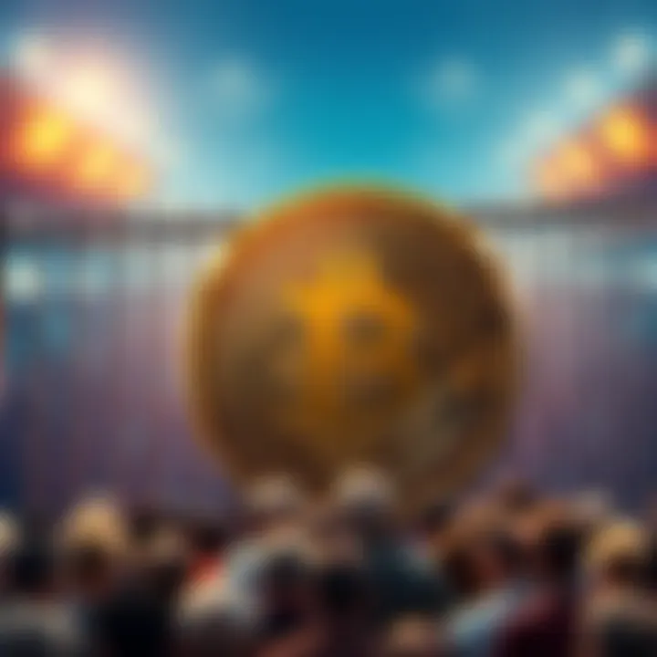Bitcoin coin with a barrier A large Bitcoin coin standing in front of a barrier representing financial challenges, with a backdrop of a diverse crowd looking on, symbolizing the struggle for ownership among the average people.