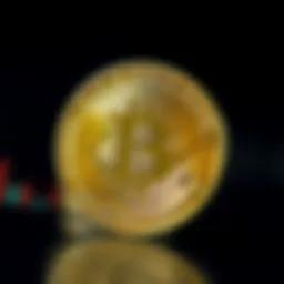 Close-up of a Bitcoin coin with the symbol prominently displayed against a dark background, representing its value in the market.