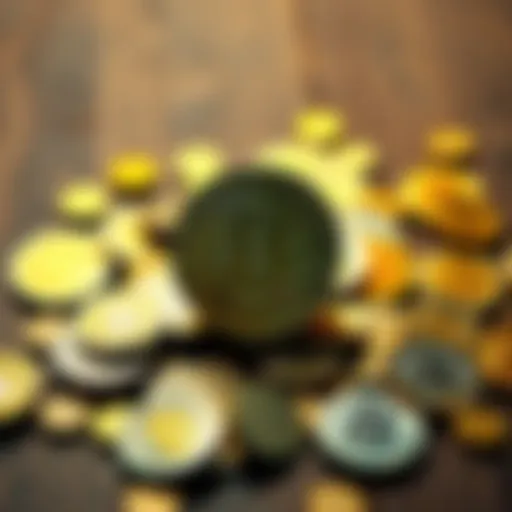 A collection of Bitcoin coins scattered on a wooden table, symbolizing the investment in cryptocurrency.