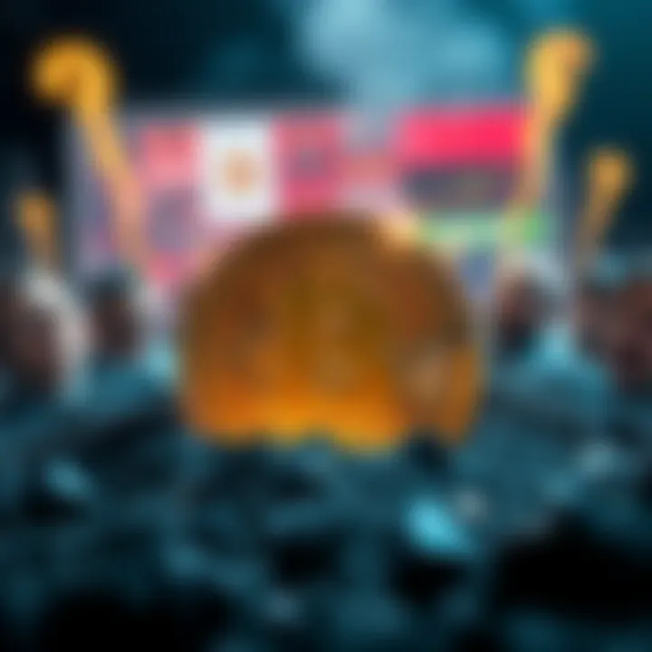 A digital representation of Bitcoin symbol sinking into the ground, surrounded by distressed investors looking worried and confused.