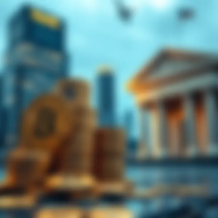 Bitcoin collateral concept A visual representation of Bitcoin coins stacked next to a bank building, illustrating borrowing against BTC holdings for liquidity.