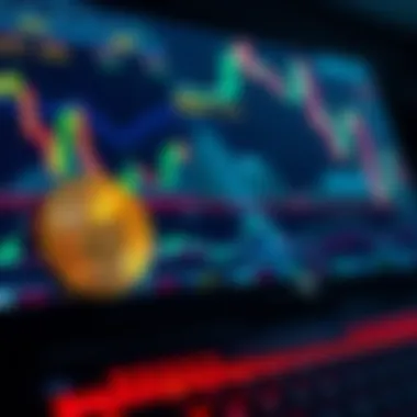 Bitcoin represented as a digital coin A golden Bitcoin symbol on a computer screen with financial charts in the background