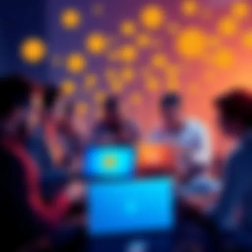 A group of people discussing Bitcoin with laptops and smartphones, surrounded by Bitcoin symbols and charts.
