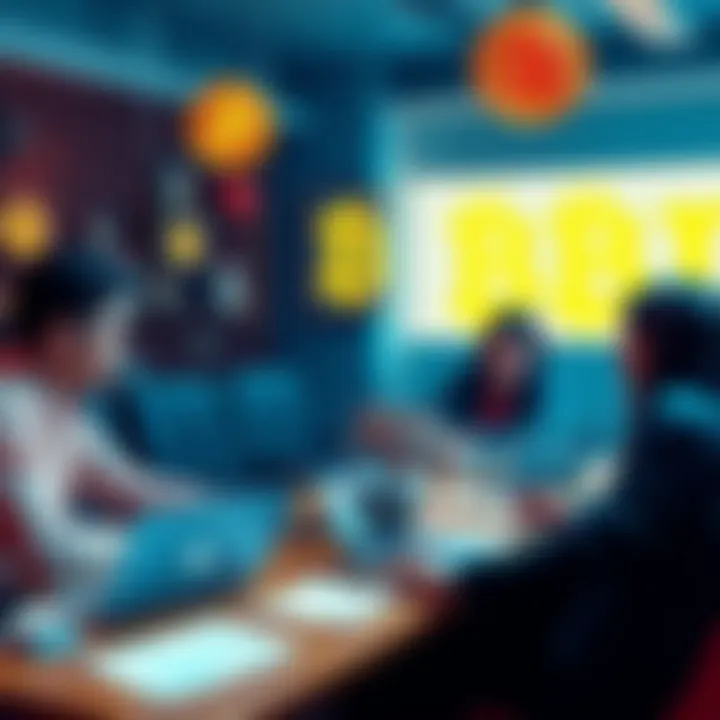 A group of people discussing Bitcoin with laptops and notes at a table.