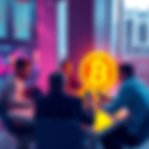 A group of people discussing Bitcoin, sharing ideas and answering questions around a table with laptops and phones.