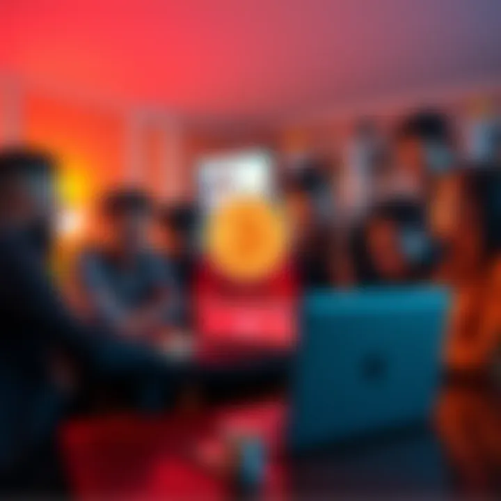 A diverse group of people gathered around a laptop, sharing ideas about Bitcoin in an online forum