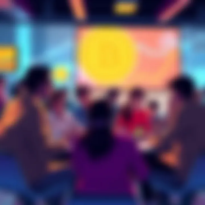 A group of people discussing Bitcoin, sharing ideas and insights about cryptocurrency, in a lively setting.