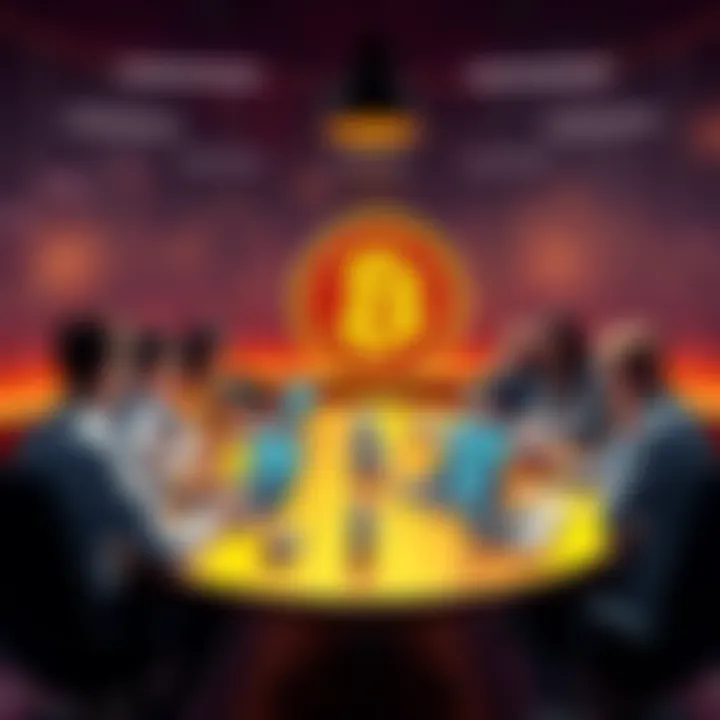 A group of people discussing Bitcoin at a round table with laptops and charts