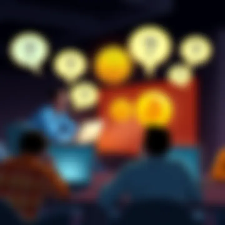 A group of people gathered around laptops discussing Bitcoin; speech bubbles illustrate their thoughts and questions about Bitcoin.