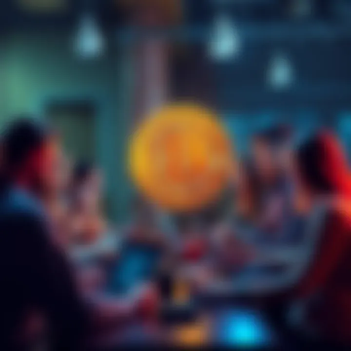 A group of people discussing Bitcoin online with laptops and smartphones.