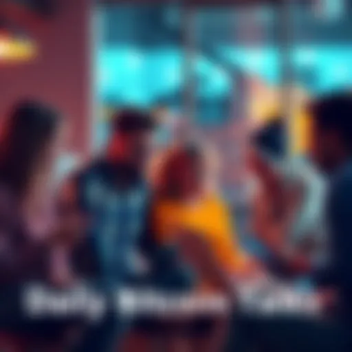 A group of people discussing Bitcoin with laptops and phones in a casual setting