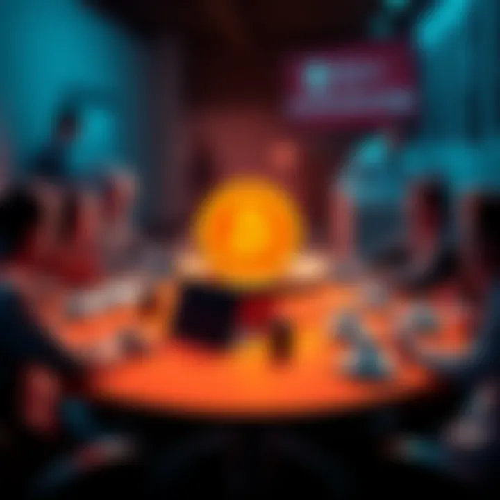 Bitcoin Discussion A group of people discussing Bitcoin topics at a round table with laptops and coffee cups
